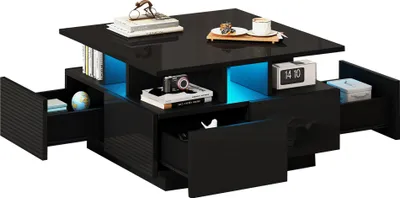 Immagine prodotto di Tavolino da conferenza okwish dal design geometrico con 4 cassetti, tavolino da salotto con finitura lucida, tavolino da caffè con striscia LED, nero