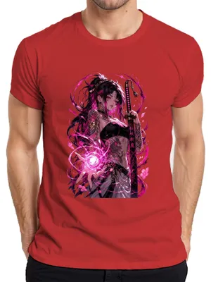 Produktbild von Anime Mädchen Katana Pinke Magie Tattoo Drache Japan Y2K Otaku Herren T-Shirt, Rot, 3XL