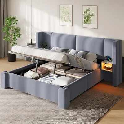 Produktbild von Flieks Hydraulisches Polsterbett 140x200cm mit Ladefunktion (USB & Typ C), Stauraumbett Doppelbett mit Nachttisch und Led, Jugendbett Leinen, Grau