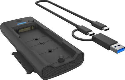 Produktbild von ICY BOX IB-180MS-C31 SSD Docking 1x 2,5"/3,5" & 1x M.2 PCIe NVMe zu USB 3.2 Gen 2 10 Gbit/s, Werkzeuglos, ohne Netzteil, Kunststoff, schwarz, HDD, SSD, M.2, Serial ATA III, M.2, USB 3.2 Gen 2 (3.1 Gen 1) Type-C, Schwarz, Kunststoff