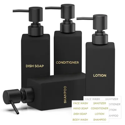 Image de Lot de 4 distributeurs de savon noir mat de 350 ml, distributeurs de savon en verre pour la cuisine et la salle de bains, distributeurs de liquide vaisselle modernes, flacons de shampoing rechargeables avec pompe en plastique et étiquettes imperméables.