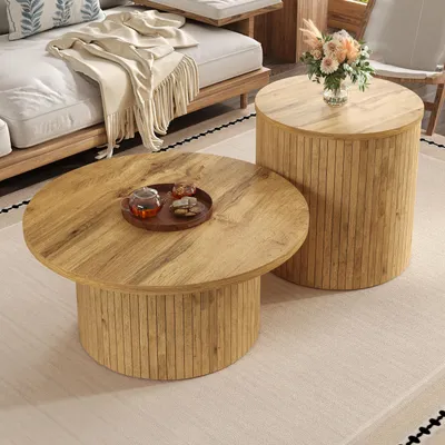 Produktbild von okwish Couchtisch-Set Kaffeetisch mit Naturholzlatten,Beistelltisch mit vertikalen Schränken und abgerundeten Tischplatte,Kaffeetisch mit Massivholzpaneele,Natur