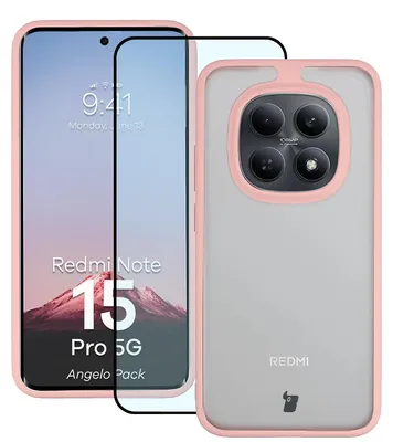 Produktbild von Schutzhülle + gehärtetem Glas für Xiaomi Redmi Note 15 Pro 5G, Bizon Angelo Pack, Semitransparent mit hellrosem Rahmen