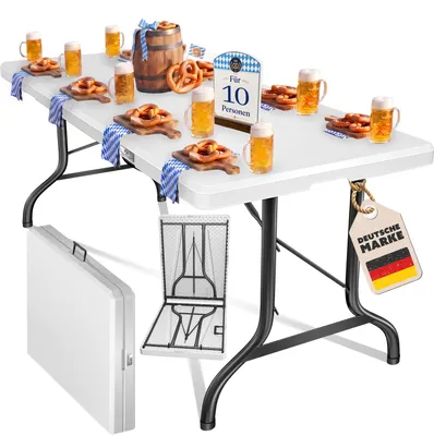Image de Table de buffet pliable KESSER® en plastique, 183 x 76 cm. Table de camping, table de fête, table pliante, table de jardin pour le jardin, la terrasse et le balcon. Pliable, pour 8 personnes. Poignée de transport et housse incluses.