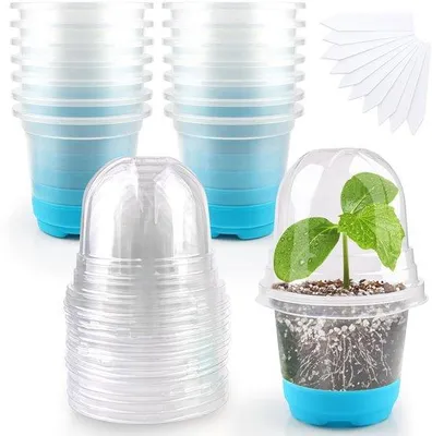 Produktbild von Unyqoos® 15er-Set transparente Anzuchttöpfe mit Silikonboden, Feuchtigkeitskuppeln & Abflusslöchern – wiederverwendbar, für Setzlinge
