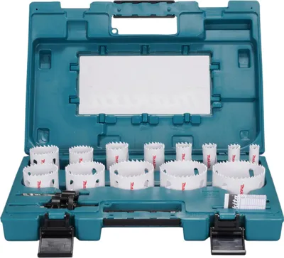 A teal plastic case containing a set of hole saws and a drill bit.