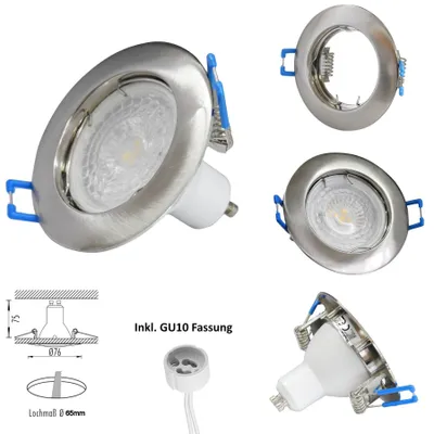 Produktbild von Ultra Flach Einbaurahmen Rund Edestahl gebürstet Einbaustrahler Ø65mm Lochmaß LED Leuchtmittel inkl. GU10 Fassung und 5W GU10 Leuchte [Neutralweiss]