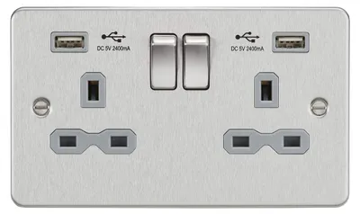 Schaltersteckdose 2-fach mit USB-Ladestation 2.4A, Chrom