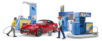 Produktbild von bruder 62111 - Bworld Tankstelle mit Zapfsäule, Ladestation E-Autos, Roadster, Fahrerin, Waschplatz, Tankwart - 1:16 Spiel Set, Waschanlage, PKW, Rennauto, Spielzeug, Auto