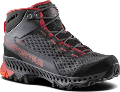 Schwarze Wanderschuhe für Damen von La Sportiva; Modell "Stream Woman GTX"; mit rotem Akzent und griffiger Sohle.