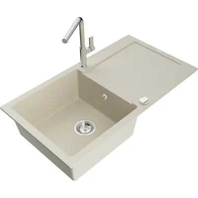 Obrázek produktu pro Mexen Leo 1-miskový granitový dřez s odkapávačem a kuchyňskou baterií Flora, Béžová - 6501-69-670401-00