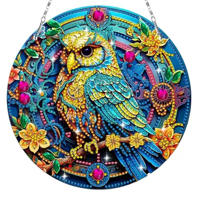 Obrázok produktu pre Sada na tvorbu obrazov technikou "diamond painting" – prívesok s motívom kvetov, sova, okenné dekorácie, ozdoba na zavesenie, dekorácia, darček