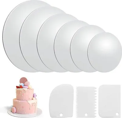 Produktbild von Famanu Tortenplatte rund, Set mit 6 runden Tortenunterlagen (12 cm, 16 cm, 18 cm, 22 cm, 26 cm, 30 cm) - inklusive 3 Tortenkratzen