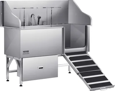 Immagine prodotto di VEVOR stazione da bagno per cani in acciaio inox, 1550 x 790 x 1470 mm, vasca per la toelettatura del cane con rampa, scarico, rubinetto, soffione, guinzaglio, per animali di taglia grande, media e piccola