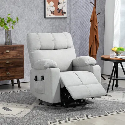 Image de Fauteuil pour seniors avec aide au lever et massage par vibrations à 8 points, inclinable électriquement, fauteuil TV en polyester, gris clair | Inclinable à 135° | 91 x 95 x 109 cm
