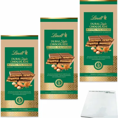 Obrázok produktu pre Lindt Dubai Style Čokoláda Mandel-Macadamia 3er Pack (3x150g Tabuľka) + usy Block