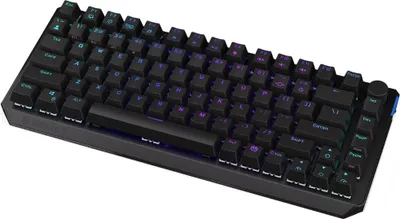 A black mechanical keyboard with RGB backlighting is shown from a slightly elevated diagonal angle against a white background.