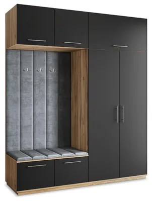 Produktbild von Masseno Garderobe-Set REMA 200/240/60 cm Modern Garderobenschrank Eiche Wotan, Veloursstoff MONOLITH 85 (Grau)
