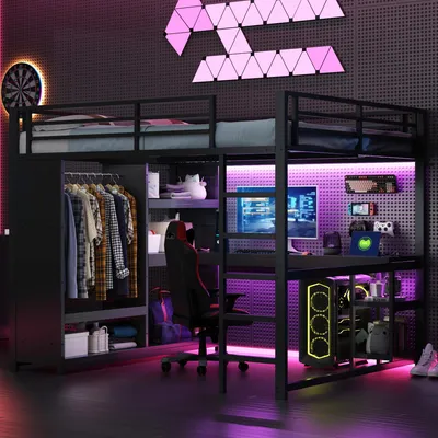 Image de Lit superposé - 160 x 200 cm, noir, en métal et MDF, éclairage LED, avec bureau, avec espace de rangement