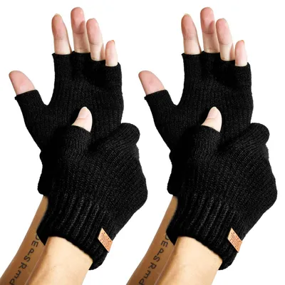 Immagine prodotto di Guanti senza dita da donna e da uomo, in cashmere, caldi, lavorati a maglia, confezione da 2, colore nero