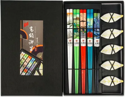 Produktbild von Yoaxia 5 Paar Essstäbchen + 5 Ablagen | Arigato | Stäbchen aus Holz | Geschenk Set