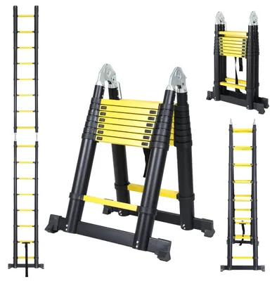 Productafbeelding van Telescopische ladder - 5 m - Aluminium - Inklapbaar - Zwart - Tot 150 kg
