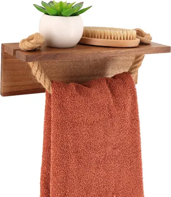 Image de TENDANCE | Porte-serviettes - Etagère de salle de bain - 30 x 15 x 12 cm - brun - bois d'acacia - Juta - Boho