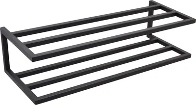 A black metal shoe rack with two shelves.