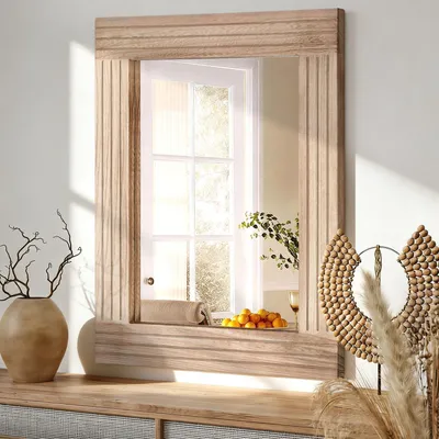 Zdjęcie produktu dla Lustro drewniane, prostokątne, w stylu retro, idealne do salonu, wymiary 45 x 65 cm, antyczny wygląd, dekoracyjne, do zawieszenia na ścianie