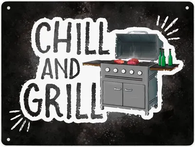 Produktbild von Metallschild XL mit Elektrogrill Motiv und Spruch: Chill and grill Schild