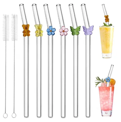 Productafbeelding van Set van 6 gebogen glazen rietjes met reinigingsborsteltjes, herbruikbaar, geschikt voor sappen en cocktails