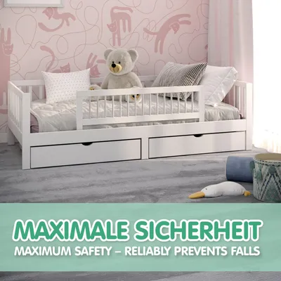 Produktbild von Bettgitter 115 cm weiss Kinder Bettgitter Baby Bettschutzgitter klappbarer Rausfallschutz aus Massivholz für Elternbett und Kinderbett