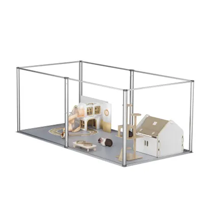 A small animal enclosure with various accessories inside, including a house, a slide, and a cat tree.