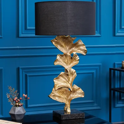 Produktbild von Design Tischlampe GINKGO 70cm schwarz Stoffschirm gold Metall handmade Marmor-Fuß