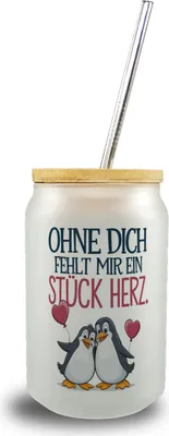 Produktbild von Pinguine Ohne dich fehlt ein Stück Herz Trinkglas mit Bambusdeckel