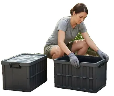 Image de Boîtes de rangement pliables, capacité de 65 litres, design empilable, couleur rouge