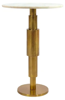 Beistelltisch Marmor Rund Weiß mit cremeweiße Marmorplatte und goldenem Aluminiumgestell in Gesamtansicht.