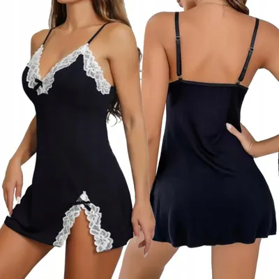 Produktbild von Satin-Nachthemd - Damenpyjama - Spitze, Weiß - Bequem - Unterrock - Set - Schwarz