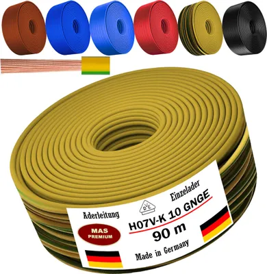 Zdjęcie produktu dla Przewód zasilający o długości 90 metrów, typ H07 V-K, kolor zielono-żółty, jednożyłowy, elastyczny, przekrój 1x10 mm²
