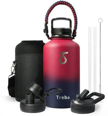 Produktbild von Robijnrode 2L Sportfles mit Paracord-Griff & 3 Deckeln, Rostfreier Sportbecher mit breitem Hals, hält 48 Stunden kalt.