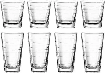 A set of eight clear glasses arranged in two rows of four.