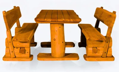 A wooden picnic table and bench set is shown against a white background.