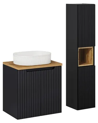 Produktbild von Waschtisch und Hängesäule 60cm Riva, Schwarz und Holzoptik