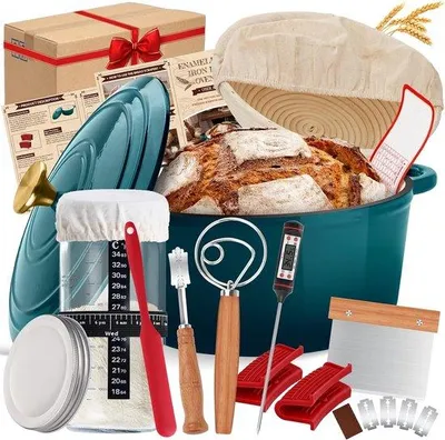 Productafbeelding van Gietijzeren Pan voor Brood en Bakken, 26 cm, Emaillen Stoofpan met Deksel, Inclusief Brood Bakvorm, Gistmand en Bakaccessoires voor Zuurdesem en Versgebakken Brood