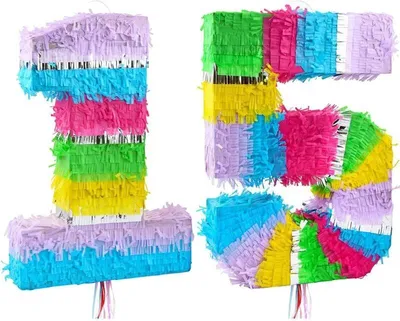Produktbild von Pinata Zahl 15 für Geburtstag Deko, bunt pastell, 2er Set, 50x35x7,5 cm