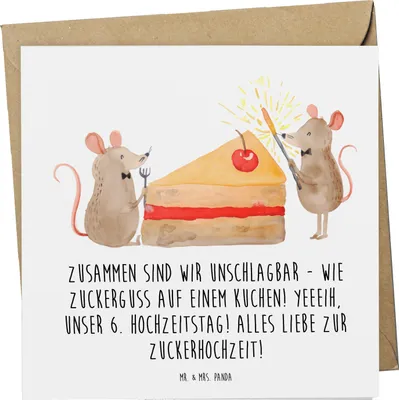 Produktbild von Mr. & Mrs. Panda Grußkarte 6. Hochzeitstag Zuckerhochzeit - Weiß - Geschenk, anlasskarte, Geschenke, Glückwunschkarte, doppelkarte, Klappkarte, Heiraten, faltkarte