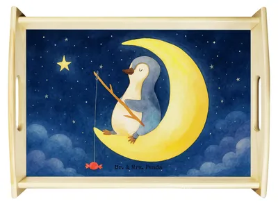 Produktbild von Mr. & Mrs. Panda Tablett Pinguin Mond Design - Weiß - Geschenk, aus holz, Serviertablett, kaffeetablett, Erschöpft, Einschlafen, Bett-Tablett, Spruch, Angel, schlafen