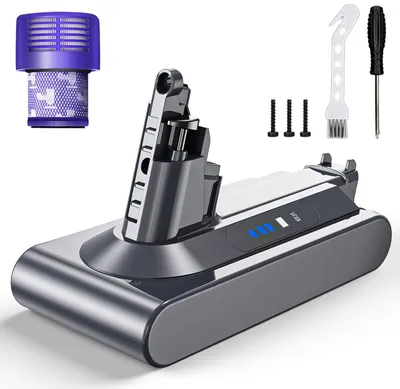 A replacement battery and filter for a Dyson V10 vacuum cleaner, along with some accessories.
