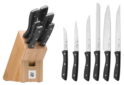 Immagine prodotto di Ceppo di coltelli WMF con set di coltelli da 7 pezzi, set di coltelli da cucina con portacoltelli, 6 coltelli affilati, blocco in bambù, acciaio speciale per lame