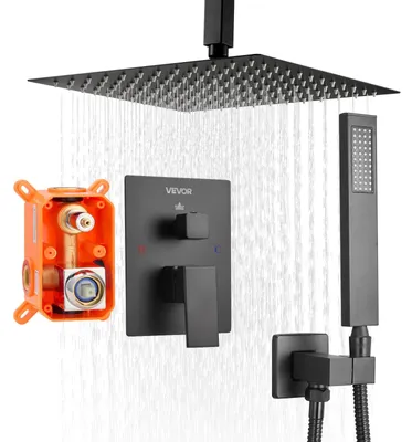 Image de Robinet de douche VEVOR Système de douche à effet pluie pour salle de bain Système de douche avec pommeau de douche à effet pluie carré de 254 mm & douchette à main, montage au plafond Robinetterie de salle de bain avec vanne en laiton & kit de finition, noir mat